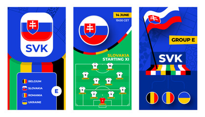 Slovakia Football team 2024 vertical banner set for social media. europe Football 2024 banner with group, pin flag, match schedule and line-up on soccer field.