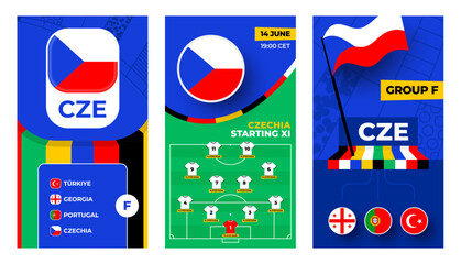 Czechia Football team 2024 vertical banner set for social media. europe Football 2024 banner with group, pin flag, match schedule and line-up on soccer field.