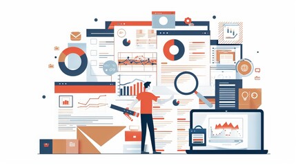 A simple flat illustration portrays the process of data analysis and file searching, providing a clear visual representation. Vector file available. 