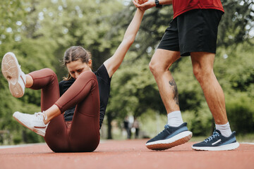 An athletic man assists his girlfriend who injured her leg while running. The scene captures empathy and support outdoors.