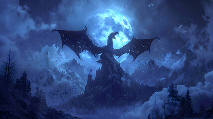 Mystical Radiance: Azure Dragon Ascending the Moonlit Peaks