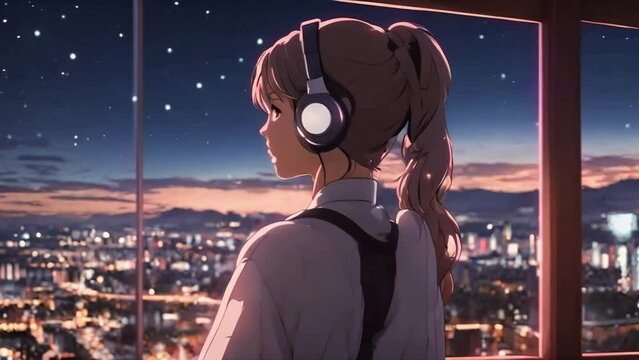 Lofi animation 3d cartoon character girl listening to music in animation style, anime girl animation, lofi girl music, relaxing mind, - Seamless loop animation, created using AI Generative Technology	