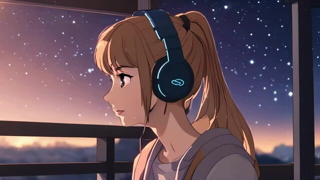Lofi animation 3d cartoon character girl listening to music in animation style, anime girl animation, lofi girl music, relaxing mind, - Seamless loop animation, created using AI Generative Technology	