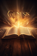 Book of Genesis. Open glowing Bible set on wood. Rays of golden light emanating from the book. Ideal for bible studies, religious meetings, intros, and much more. Vertical with copy space.