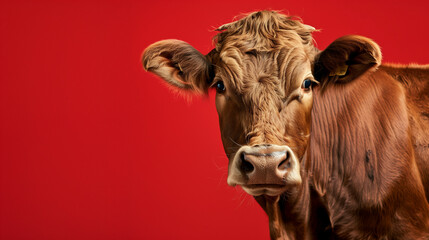 Brown cow isolated on red background 