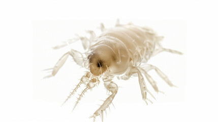 Close-up of a dust mite isolated on a white background, detailed texture visible 