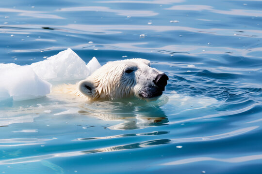 An evocative generative AI illustration capturing a polar bear swimming amidst small icebergs under clear blue skies, reflecting its gentle essence in the tranquil water. Generative AI