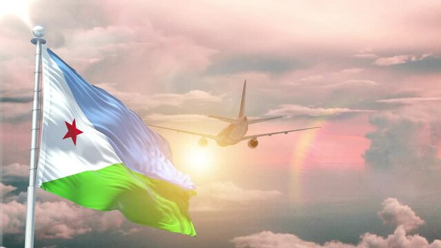 Djibouti flag Waving Realistic With Sky Plane Takes Off At Sunrise