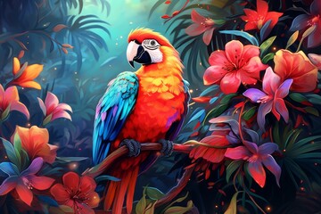 Obraz premium Vibrant digital artwork of a parrot among lush, blooming exotic flowers