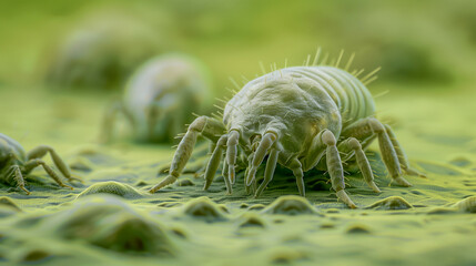 Dust mite as seen through a microscope, high magnification, on a contrasted light green background 
