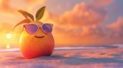 Illustration of Cute mango in sunglasses on sandy beach, sunset background 
