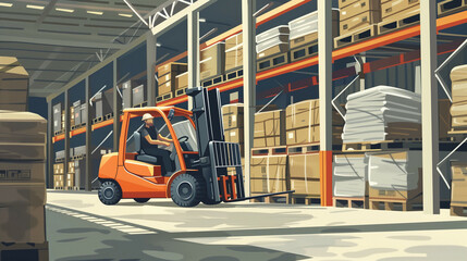 Illustration of Forklift operator at warehouse, industrial setting, focused work 