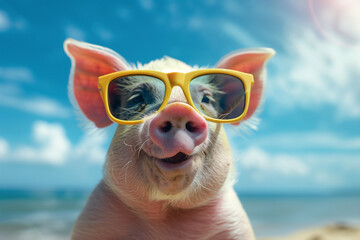 Piglet in yellow sunglasses on a sunny beach day. Generative AI image