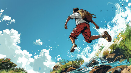 Illustration of Man jumping over a creek, dynamic side angle 
