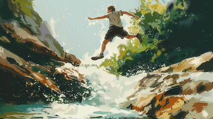 Fototapeta premium Illustration of Man jumping over a creek, dynamic side angle 