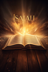 Book of Isaiah. Open glowing Bible set on wood. Rays of golden light emanating from the book. Ideal for bible studies, religious meetings, intros, and much more. Vertical with copy space.
