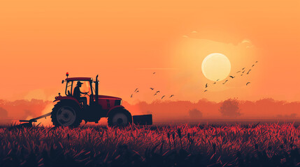 Illustration of Tractor driver in a field at harvest, dust and sunset backdrop 
