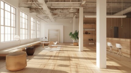 Wooden and white open space office interior realistic