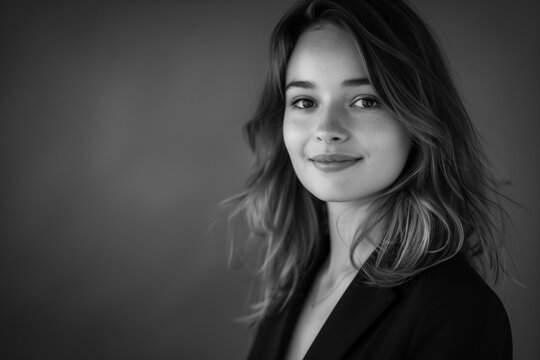 Confident young businesswoman in black and white portrait. Generative AI image