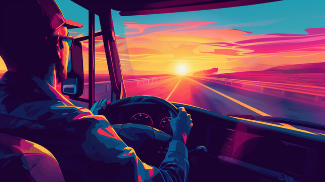 Illustration of Truck driver on the highway at sunrise, wide angle shot 