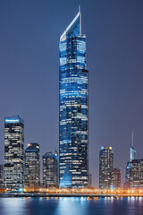 futuristic modern skyscraper at blue hour,illustration generated by Ai
