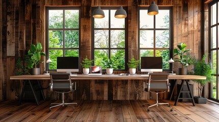 Wooden coworking interior with pc computers on desks in row, panoramic window realistic
