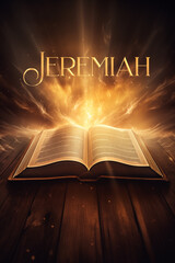 Book of Jeremiah. Open glowing Bible set on wood. Rays of golden light emanating from the book. Ideal for bible studies, religious meetings, intros, and much more. Vertical with copy space.