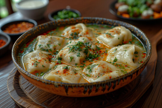 Savory Dumplings in Spicy Broth - A Culinary Celebration. Generative AI image