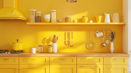 Yellow home kitchen interior with decoration and kitchenware on cooking counter realistic