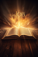 Book of Job. Open glowing Bible set on wood. Rays of golden light emanating from the book. Ideal for bible studies, religious meetings, intros, and much more. Vertical with copy space.