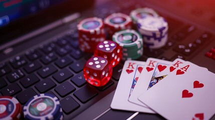 Depicting the concept of online gaming, a setup of poker playing cards, chips, and a laptop creates a scene of virtual gambling. 