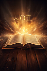 Book of Joel. Open glowing Bible set on wood. Rays of golden light emanating from the book. Ideal for bible studies, religious meetings, intros, and much more. Vertical with copy space.