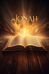 Book of Jonah. Open glowing Bible set on wood. Rays of golden light emanating from the book. Ideal for bible studies, religious meetings, intros, and much more. Vertical with copy space.