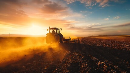 Fototapeta premium Tractor driver in the evening sunset field