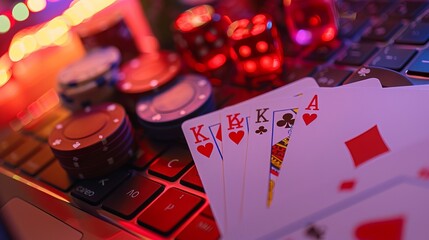 Depicting the concept of online gaming, a setup of poker playing cards, chips, and a laptop creates a scene of virtual gambling. 