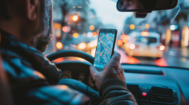 Uber taxi driver checking route on smartphone, dashboard perspective 