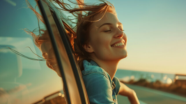 Woman leaning out of car window, hair blowing, carefree 