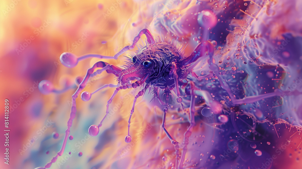 Poster surreal mite depiction with exaggerated features, on a surreal abstract background
