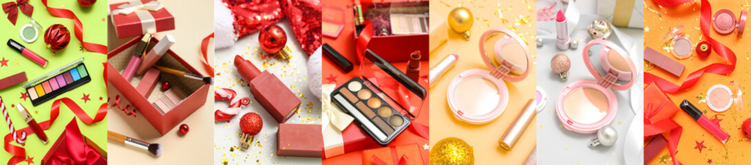 Collage of Christmas decorations and decorative cosmetics on color background
