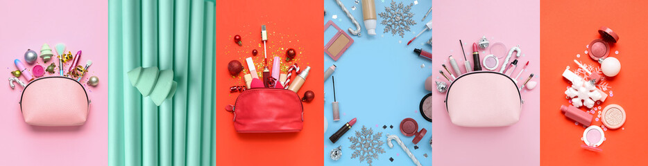 Collage of Christmas decorations and decorative cosmetics on color background, top view