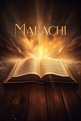 Book of Malachi. Open glowing Bible set on wood. Rays of golden light emanating from the book. Ideal for bible studies, religious meetings, intros, and much more. Vertical with copy space.