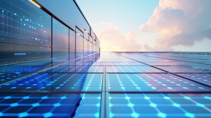 A large building covered in solar panels with a beautiful sky in the background.