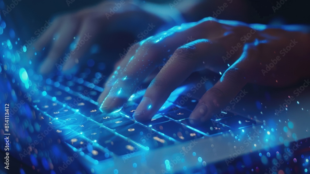 Poster close-up of hands typing swiftly on a laptop keyboard.