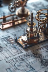 An intricate clockwork mechanism sits on a table covered in blueprints