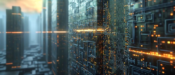 A digital city. The tall buildings are made of metal and glass, and they are covered in lights. The city is very futuristic and looks like something out of a science fiction movie.