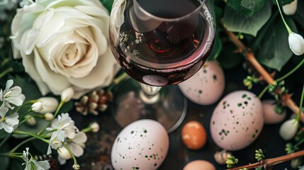 In a flatlay arrangement, Easter-themed wine glasses are elegantly presented alongside a white rose and a glass of red wine, evoking a sense of celebration and joy.