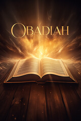 Book of Obadiah. Open glowing Bible set on wood. Rays of golden light emanating from the book. Ideal for bible studies, religious meetings, intros, and much more. Vertical with copy space.