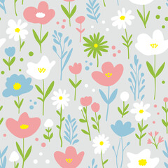 Delicate background with a flower meadow, seamless pattern with branches and leaves. Tulips and daisies