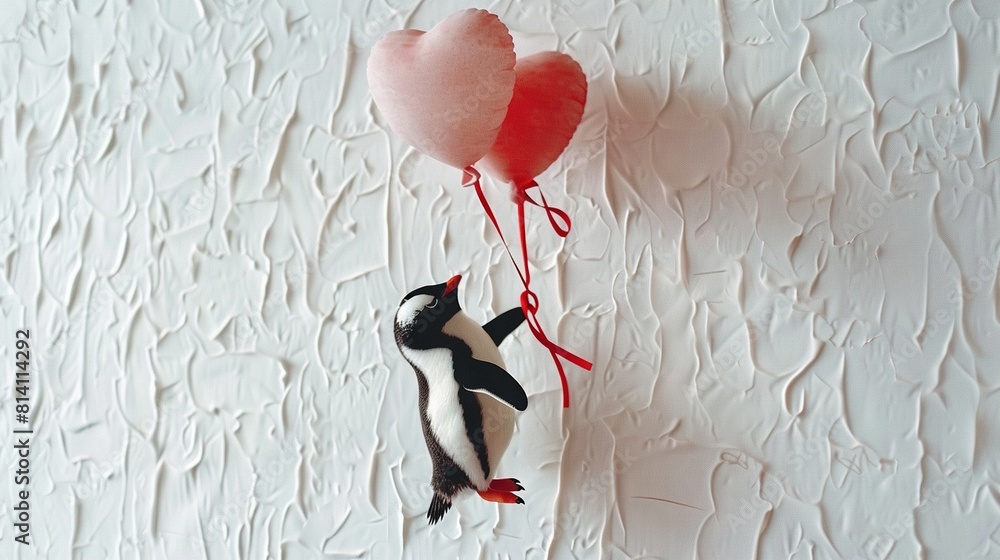 Poster a penguin flying with two balloons on its back and a heart-shaped balloon on the back of it