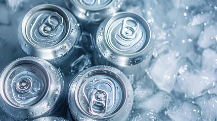 A cluster of aluminum cans nestled in ice, portraying a refreshing cold drink. Viewed from above